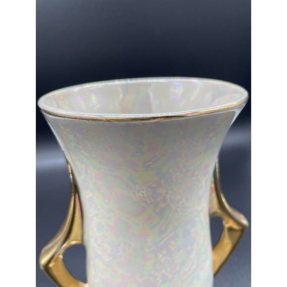 Vintage Iridescent Pearlescent Gold Lusterware Vase Hand Decorated 22KT 7” - Picture 4 of 11